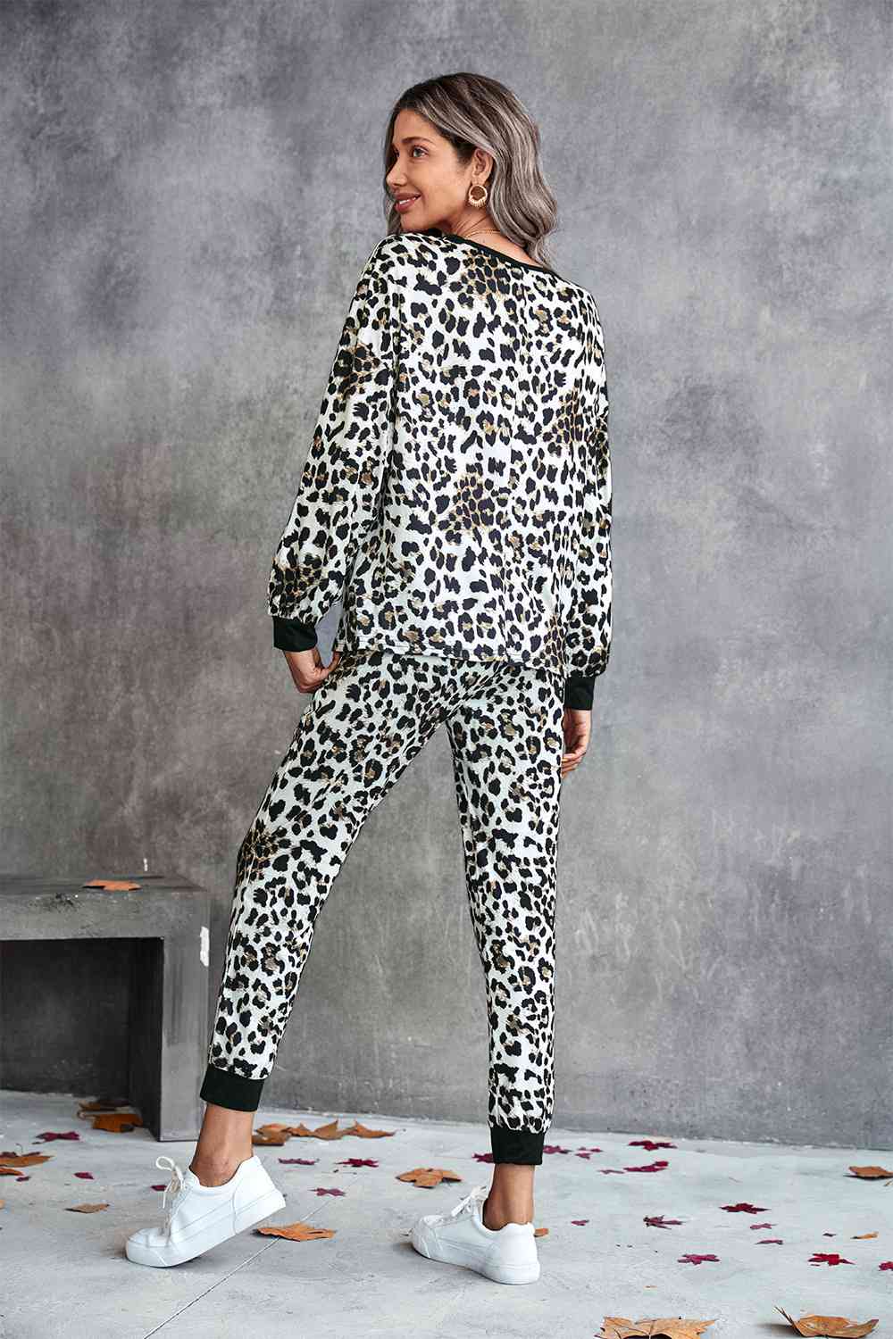 Leopard V-Neck Dropped Shoulder Loungewear Set - TRENDMELO