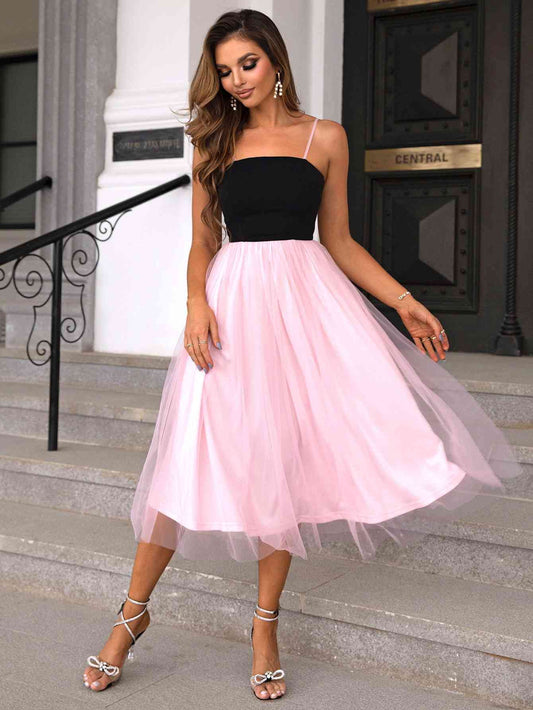 Two-Tone Spaghetti Strap Mesh Dress - TRENDMELO