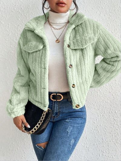 Fuzzy Button Up Collared Neck Jacket - TRENDMELO