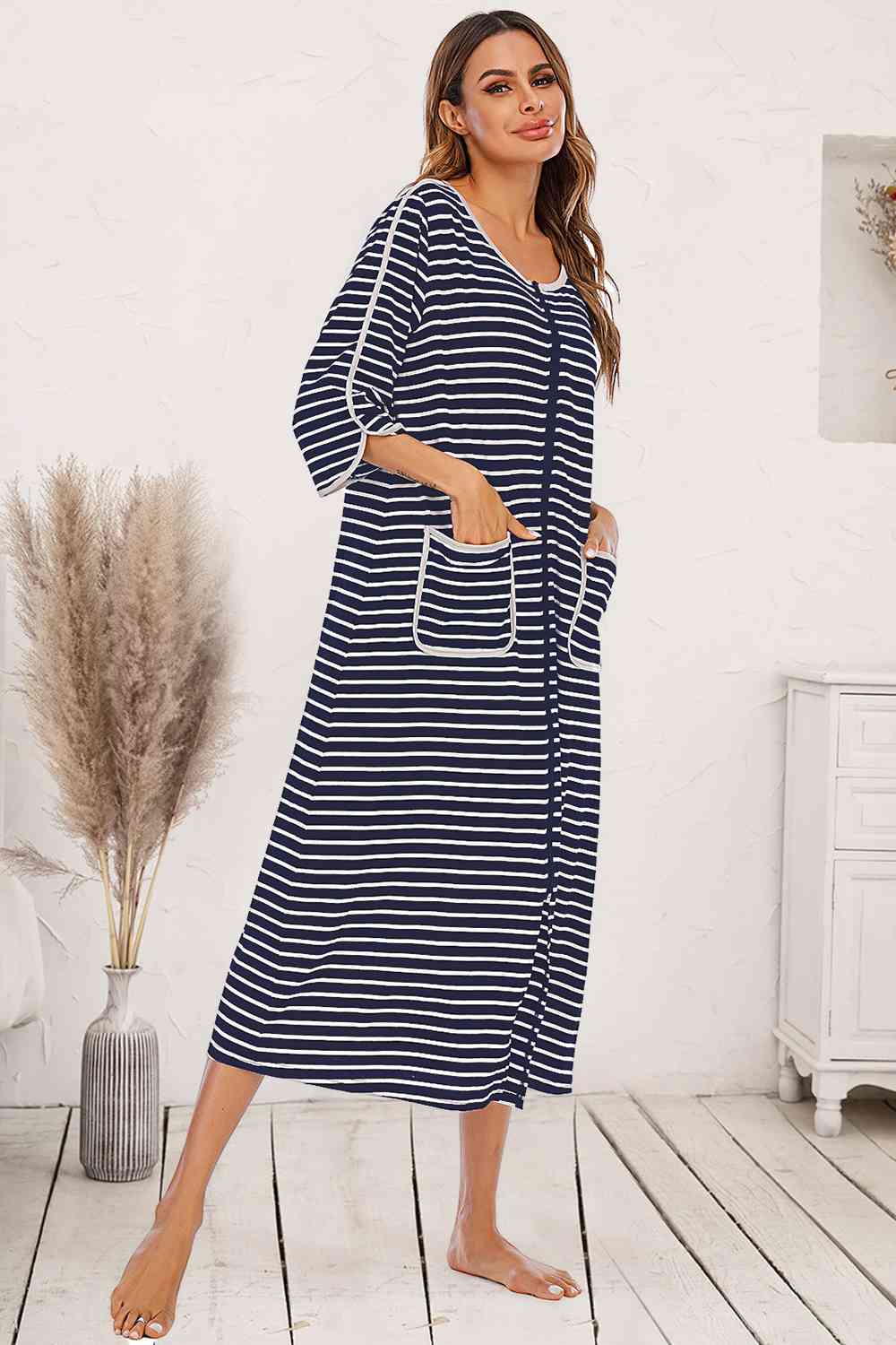 Round Neck Three-Quarter Sleeve Midi Night Dress - TRENDMELO