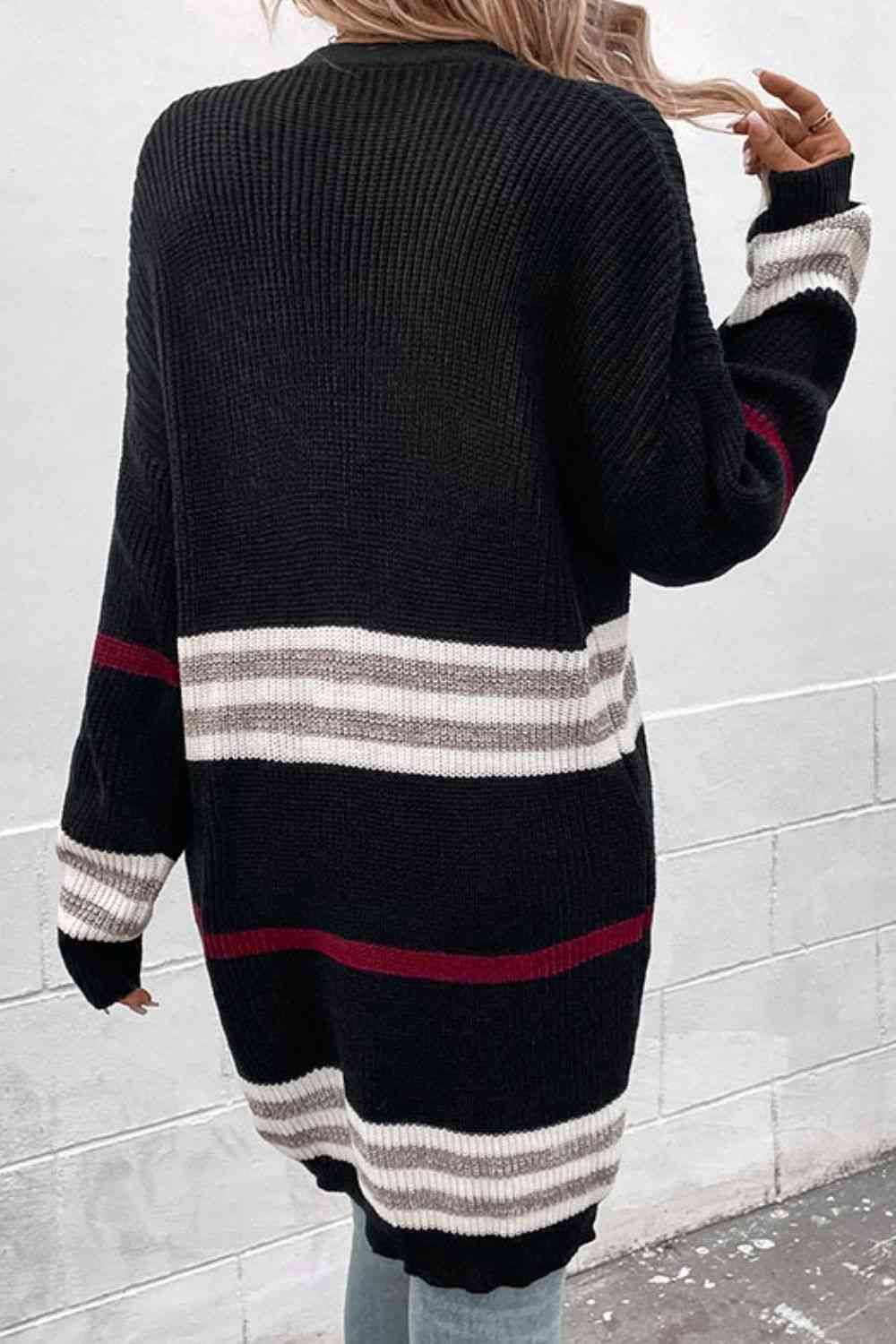 Striped Rib-Knit Drop Shoulder Open Front Cardigan - TRENDMELO