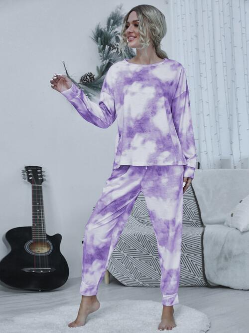 Tie-dye Round Neck Top and Drawstring Pants Lounge Set - TRENDMELO