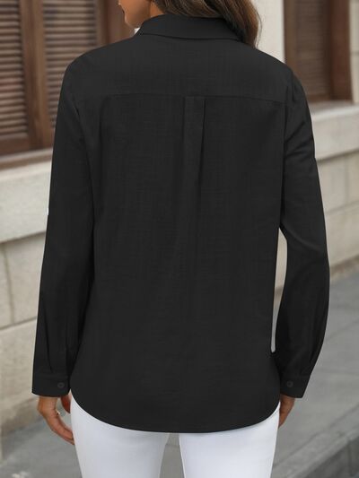 Button Up Pocketed Long Sleeve Shirt - TRENDMELO