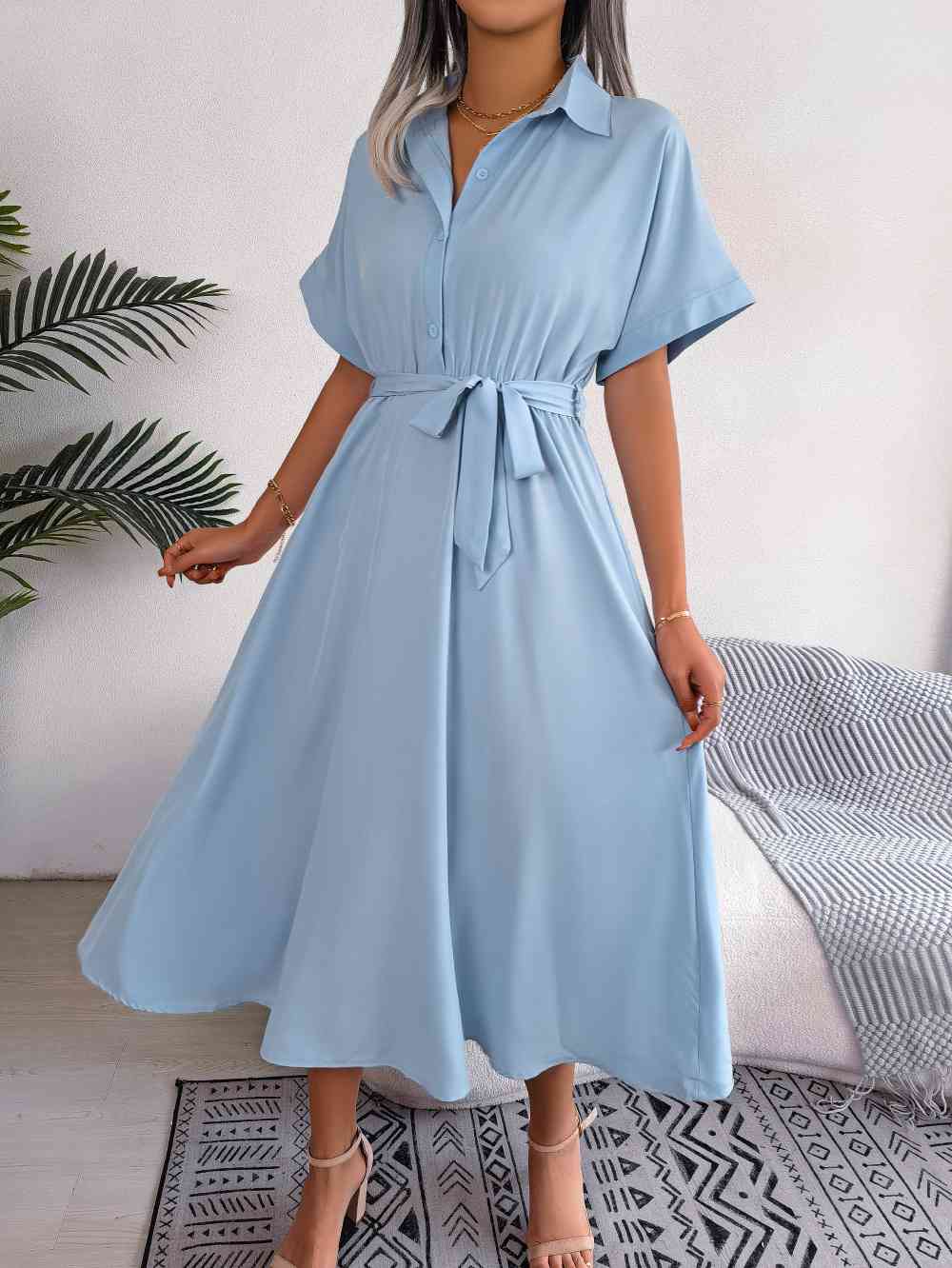 Short Sleeve Collared Tie Belt Dress - TRENDMELO