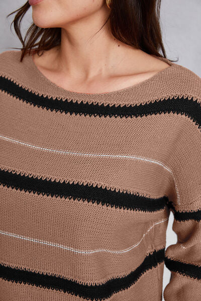 Striped Round Neck Dropped Shoulder Sweater - TRENDMELO