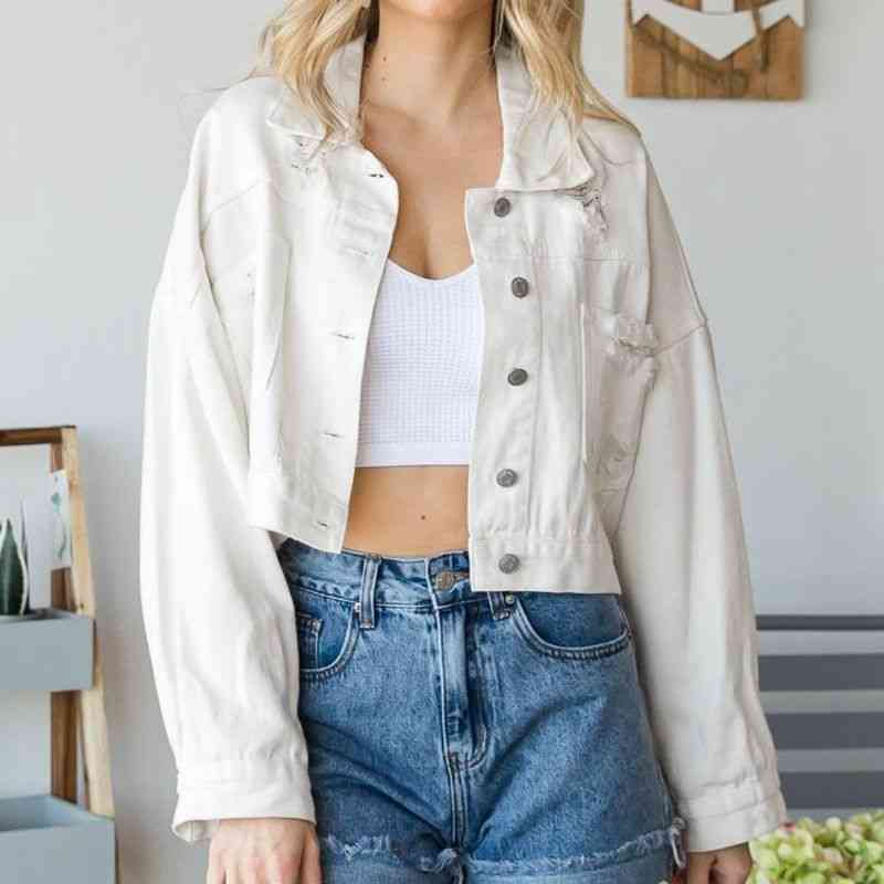 Cropped Collared Neck Dropped Shoulder Denim Jacket - TRENDMELO