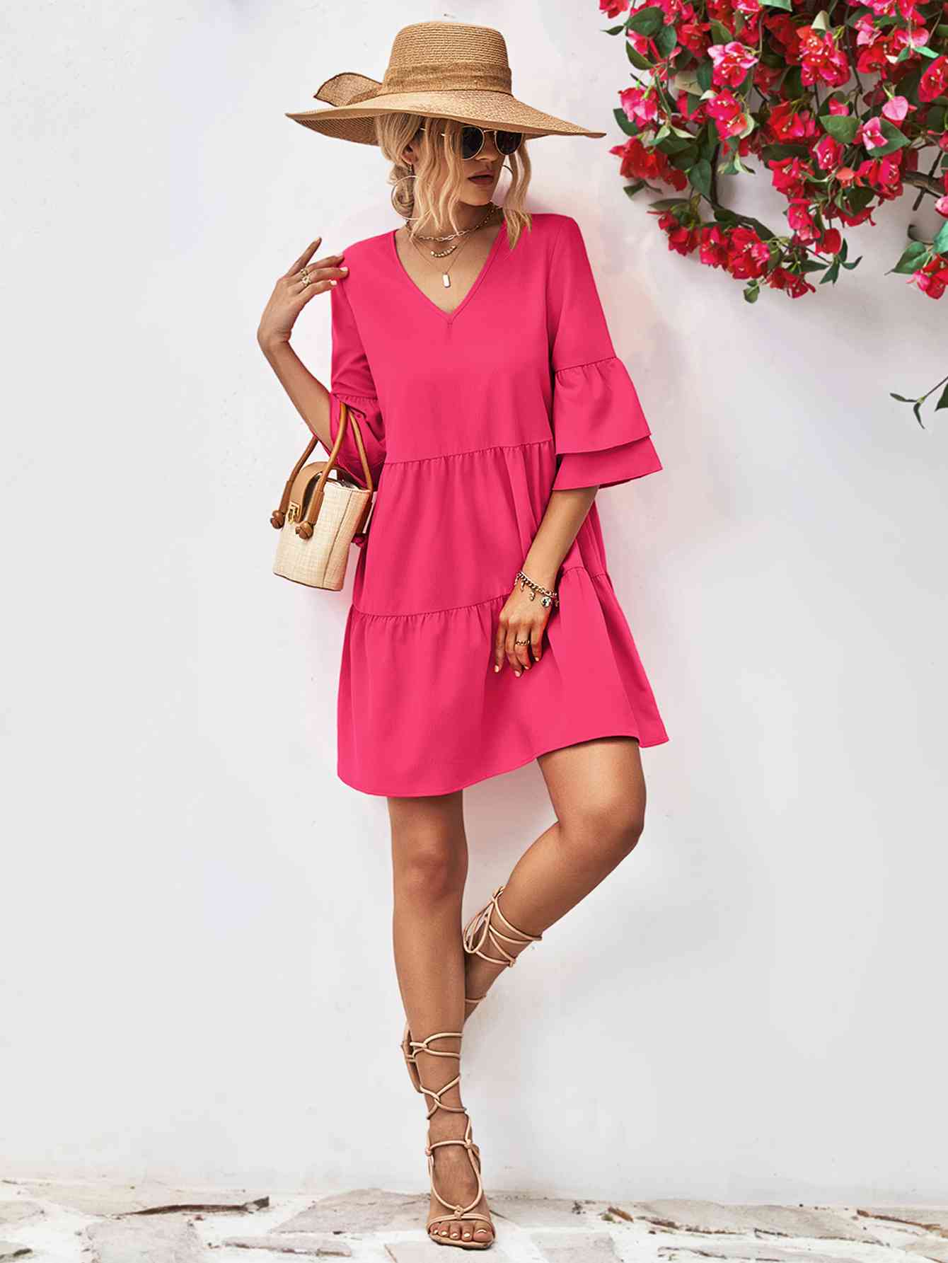 V-Neck Flare Sleeve Mini Dress - TRENDMELO