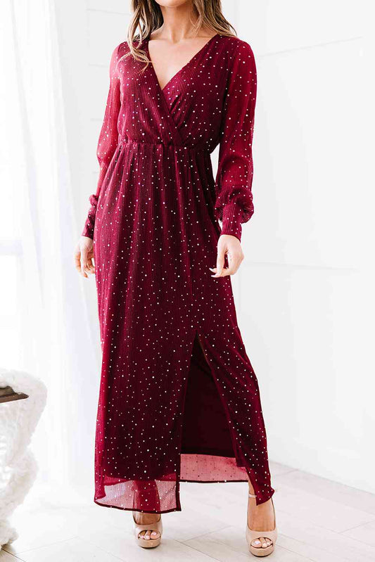 Rhinestone Surplice Split Maxi Dress - TRENDMELO