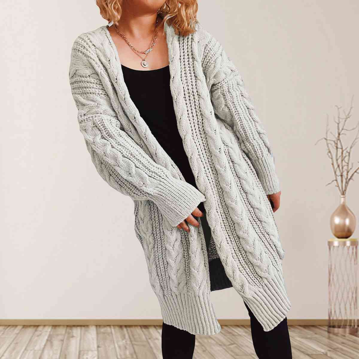 Cable-Knit Open Front Dropped Shoulder Cardigan - TRENDMELO