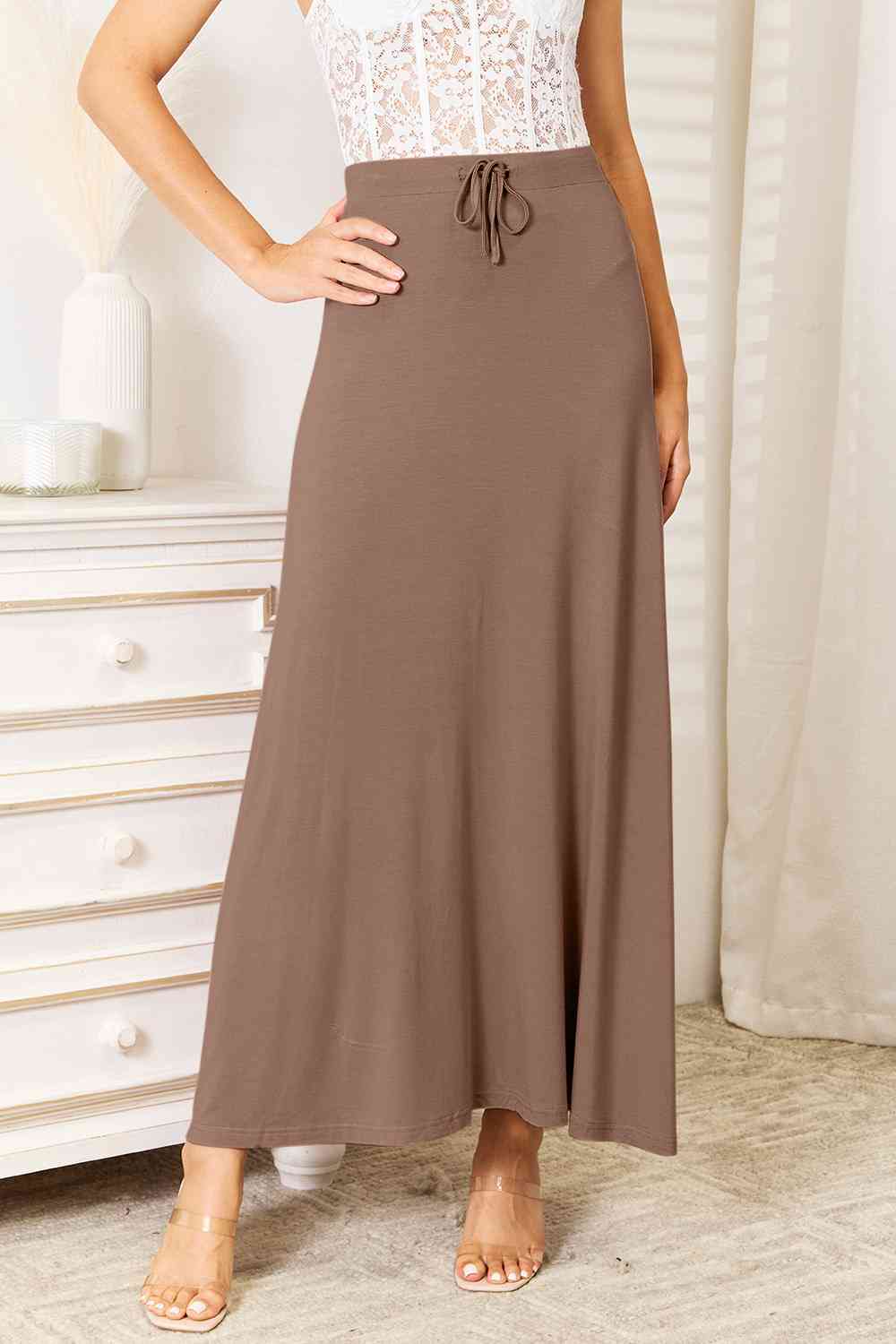 Double Take Full Size Soft Rayon Drawstring Waist Maxi Skirt Rayon - TRENDMELO