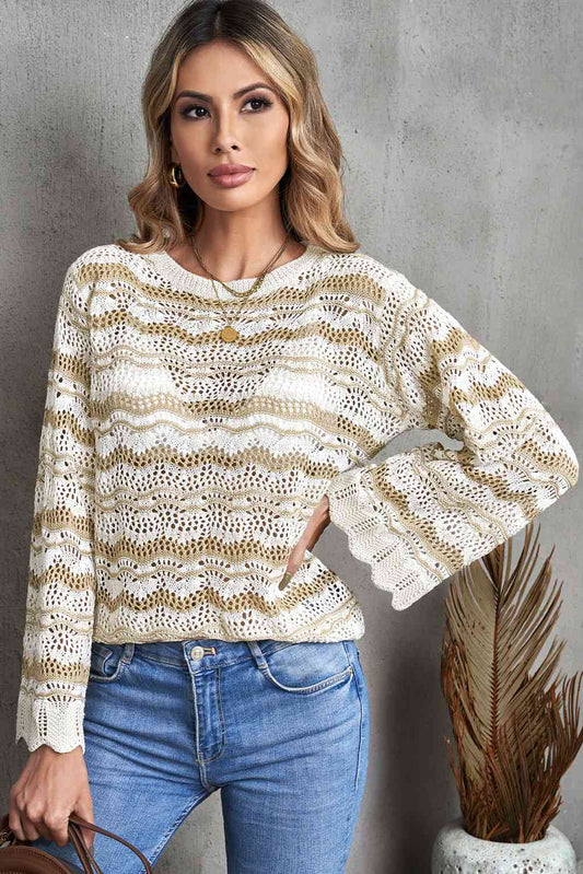 Wavy Stripe Scalloped Hem Openwork Knit Top - TRENDMELO