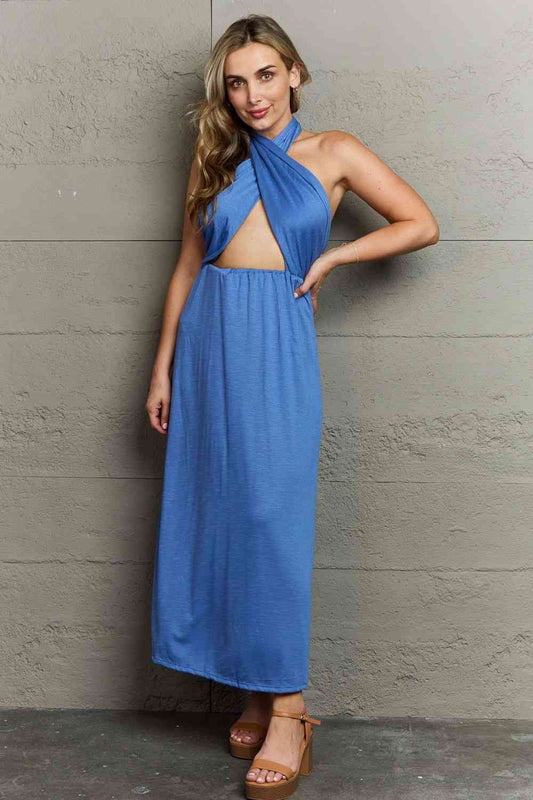 Ninexis Know Your Worth Criss Cross Halter Neck Maxi Dress - TRENDMELO