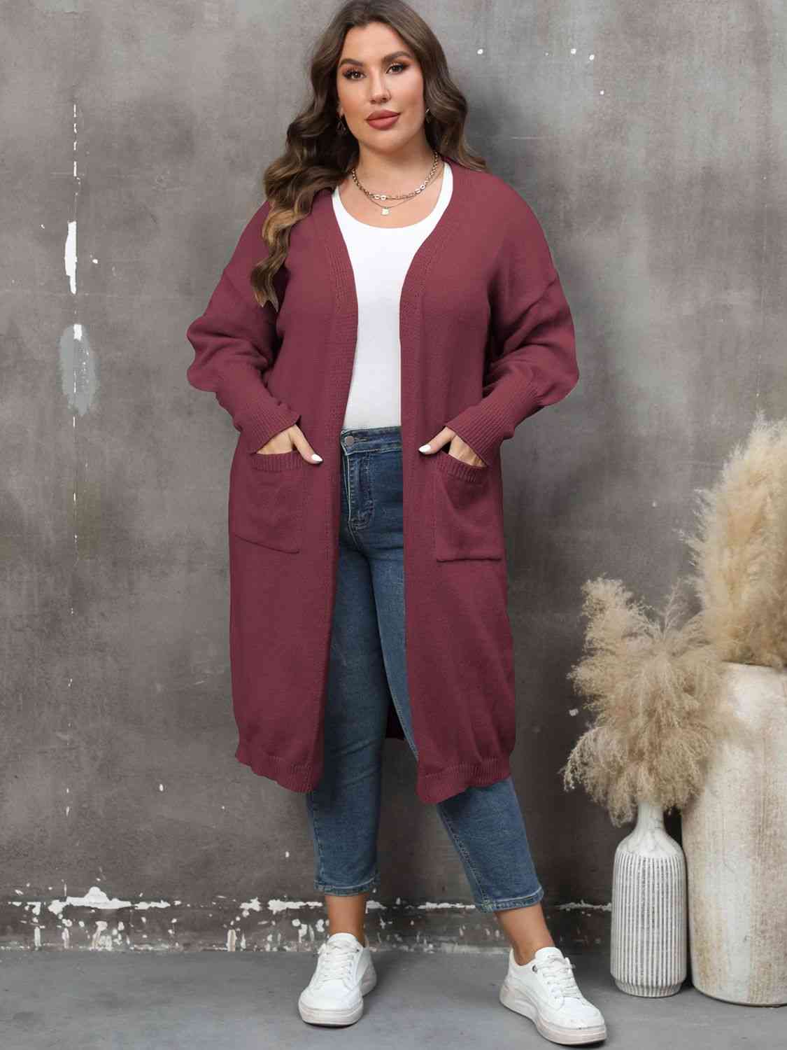 Plus Size Long Sleeve Pocketed Cardigan - TRENDMELO