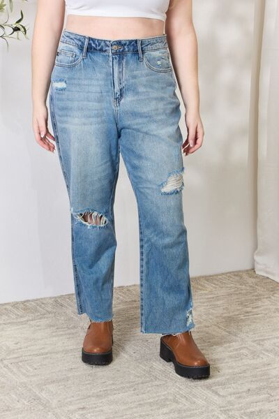 Judy Blue Full Size Distressed Raw Hem Straight Jeans - TRENDMELO