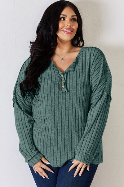 Basic Bae Full Size Ribbed Half Button Long Sleeve T-Shirt - TRENDMELO