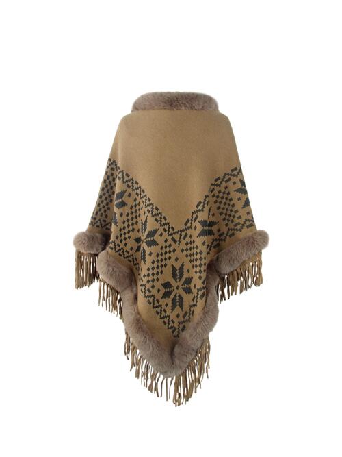 Fringe Geometric Cape Sleeve Poncho - TRENDMELO