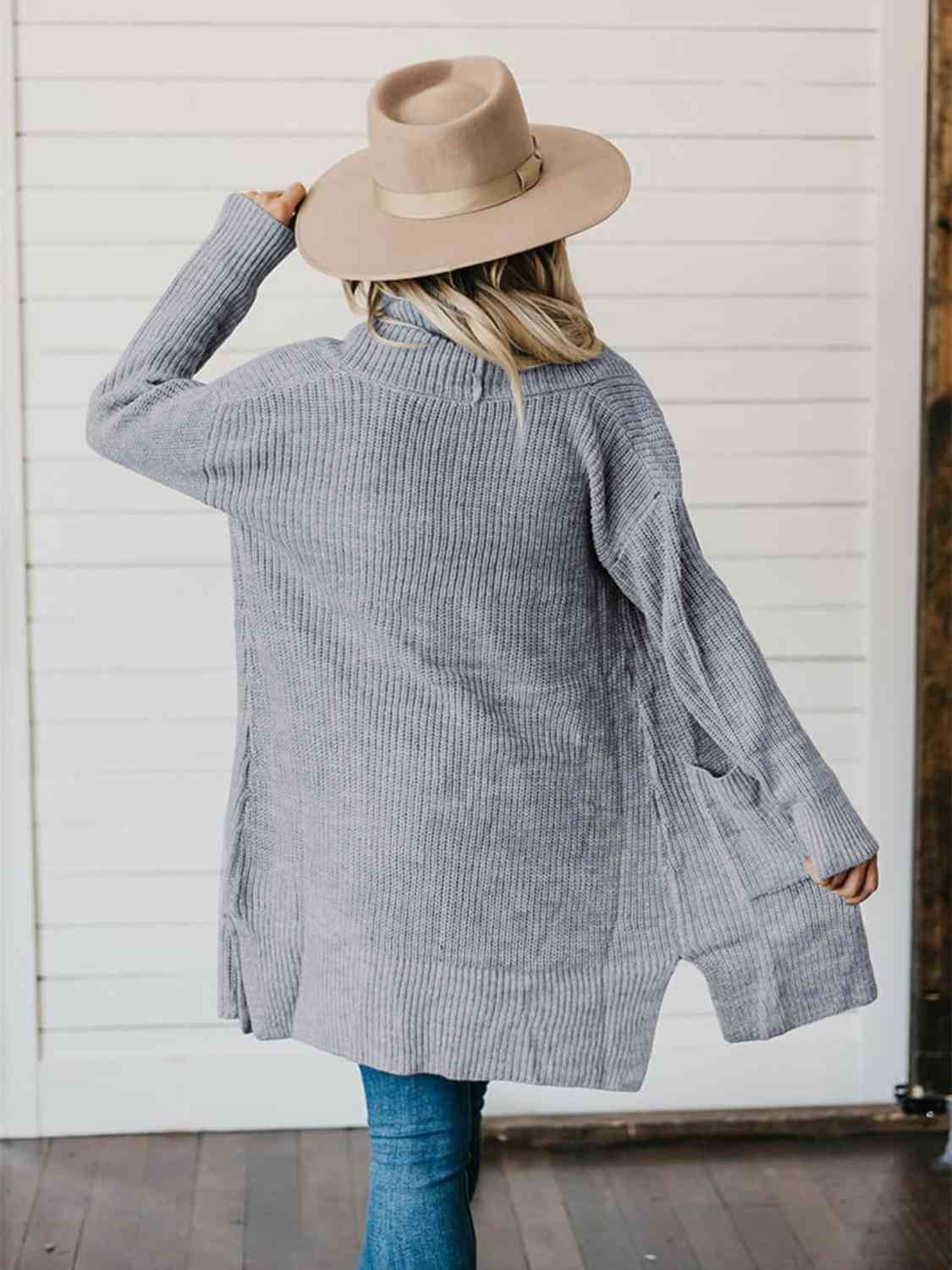 High-Low Open Front Cardigan with Pockets - TRENDMELO