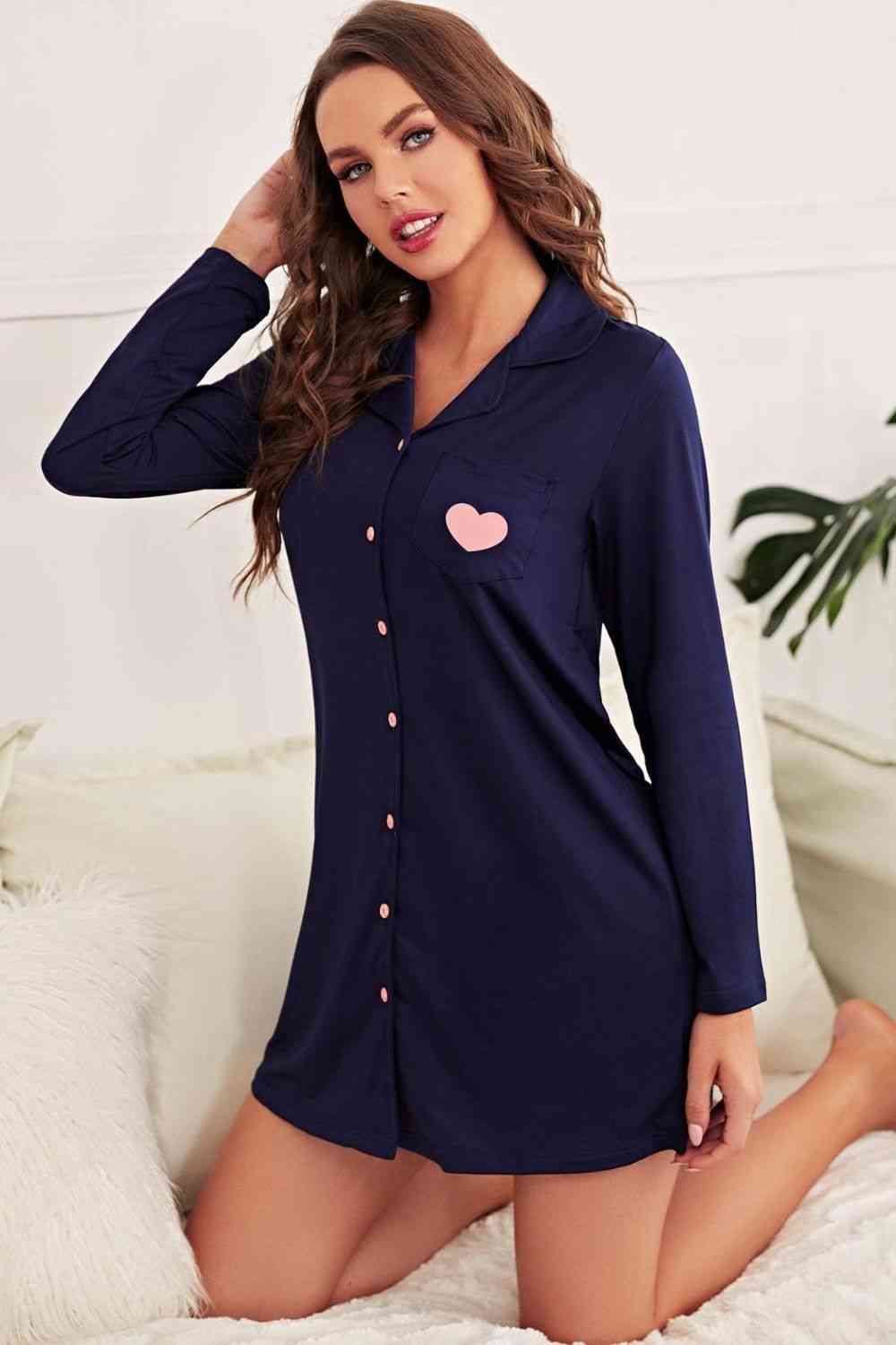 Heart Graphic Lapel Collar Night Shirt Dress - TRENDMELO