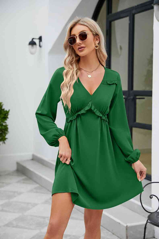 Frill Trim V-Neck Long Sleeve Dress - TRENDMELO