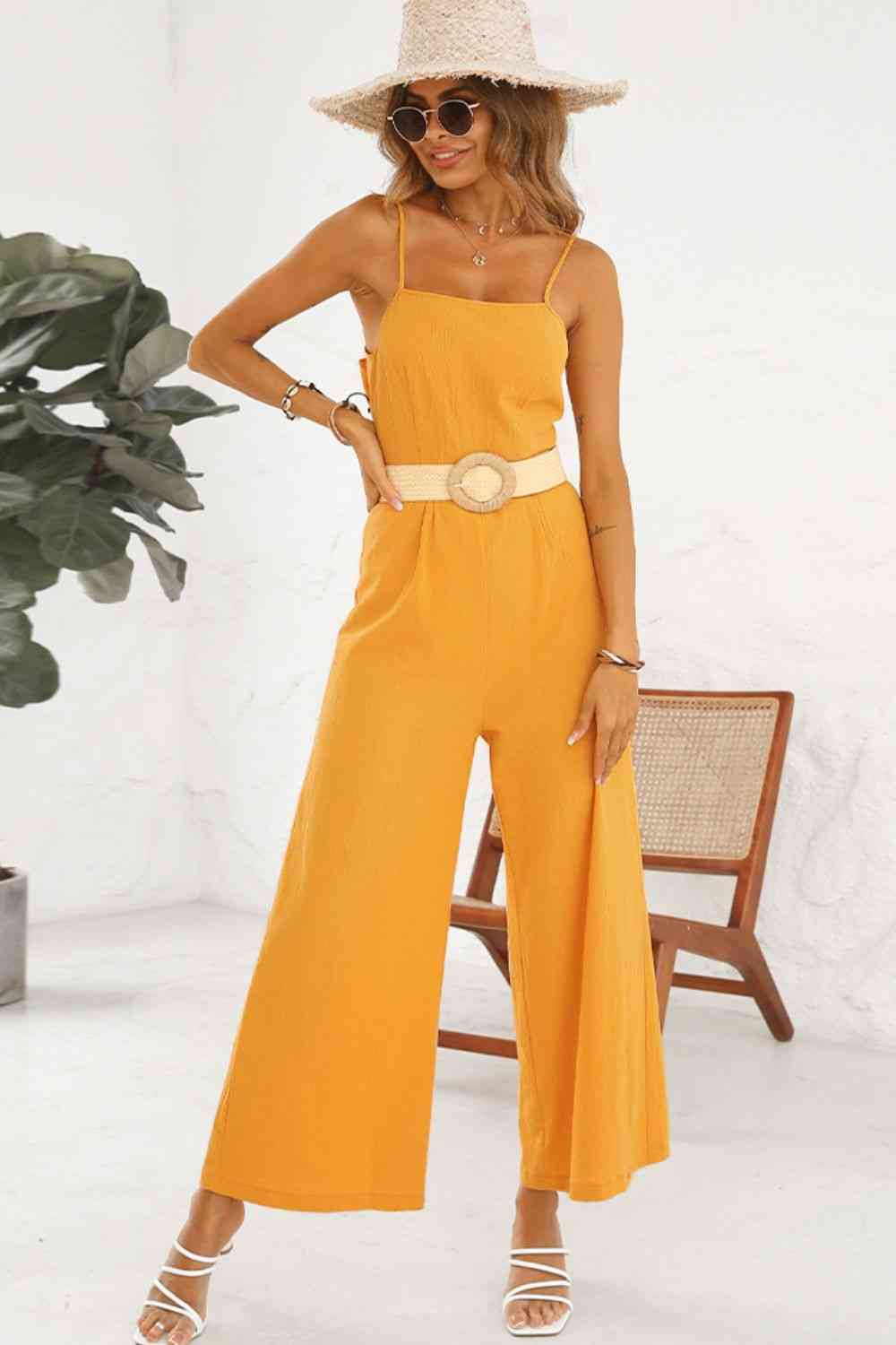 Cutout Spaghetti Strap Tie Back Wide Leg Jumpsuit - TRENDMELO