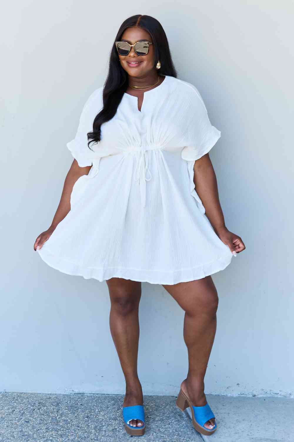 Ninexis Out Of Time Full Size Ruffle Hem Dress with Drawstring Waistband in White - TRENDMELO