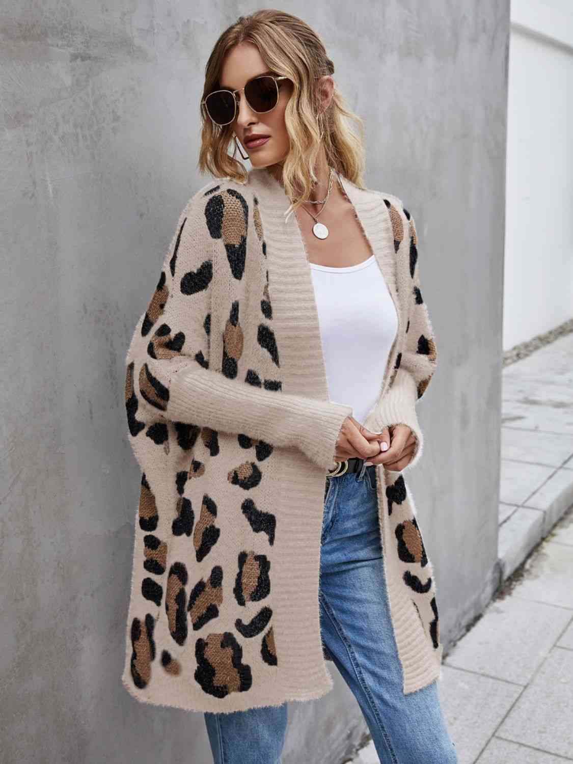 Leopard Pattern Fuzzy Cardigan - TRENDMELO