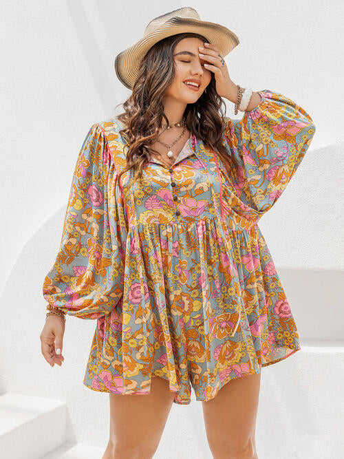 Plus Size Floral Tie Neck Balloon Sleeve Romper - TRENDMELO