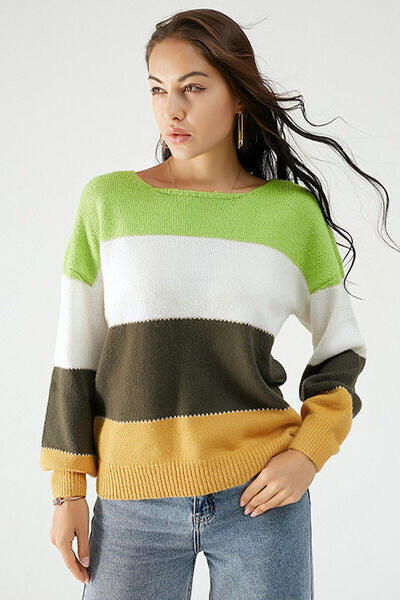 Color Block Dropped Shoulder Sweater - TRENDMELO