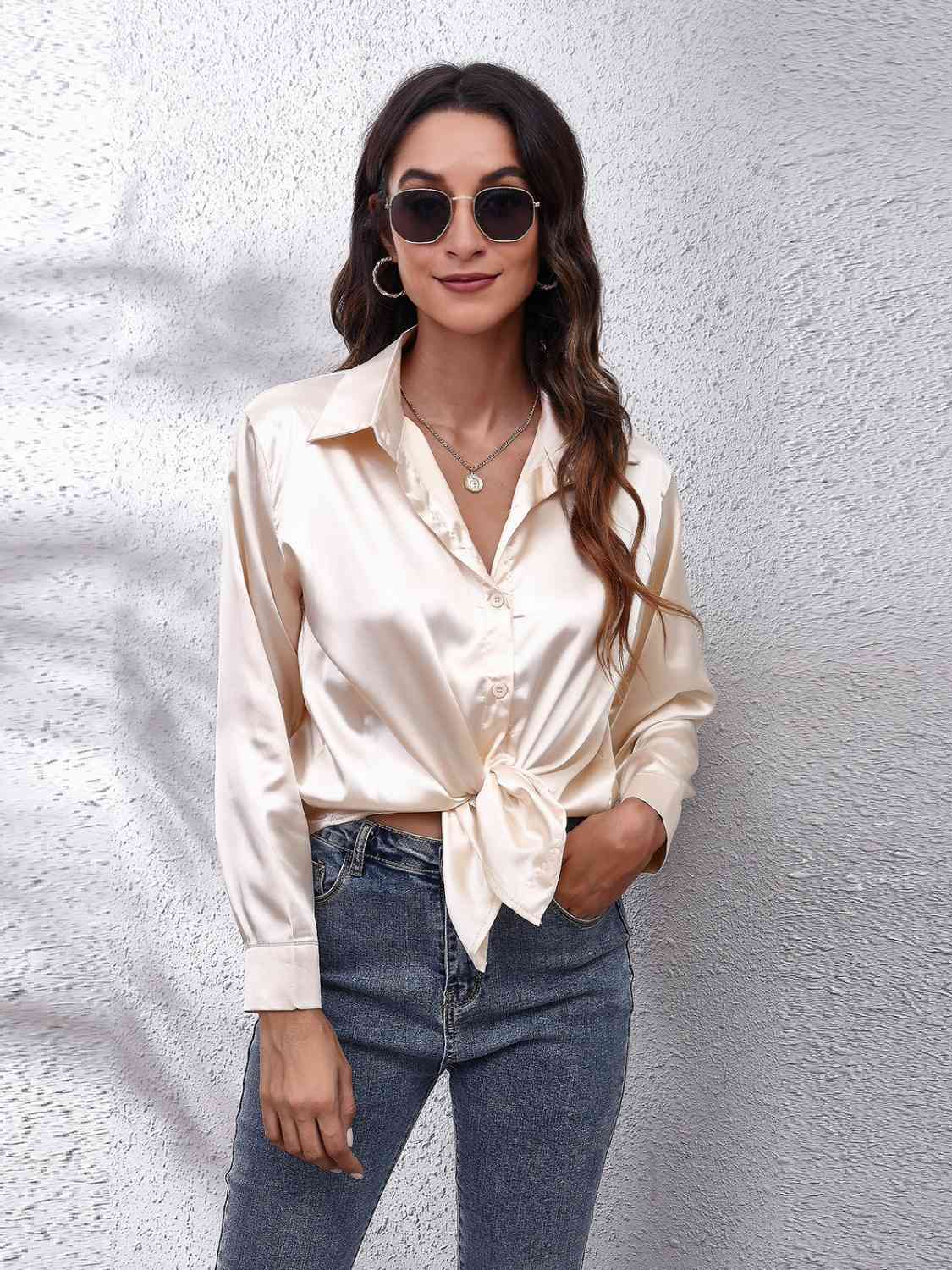 Collared Neck Buttoned Long Sleeve Shirt - TRENDMELO