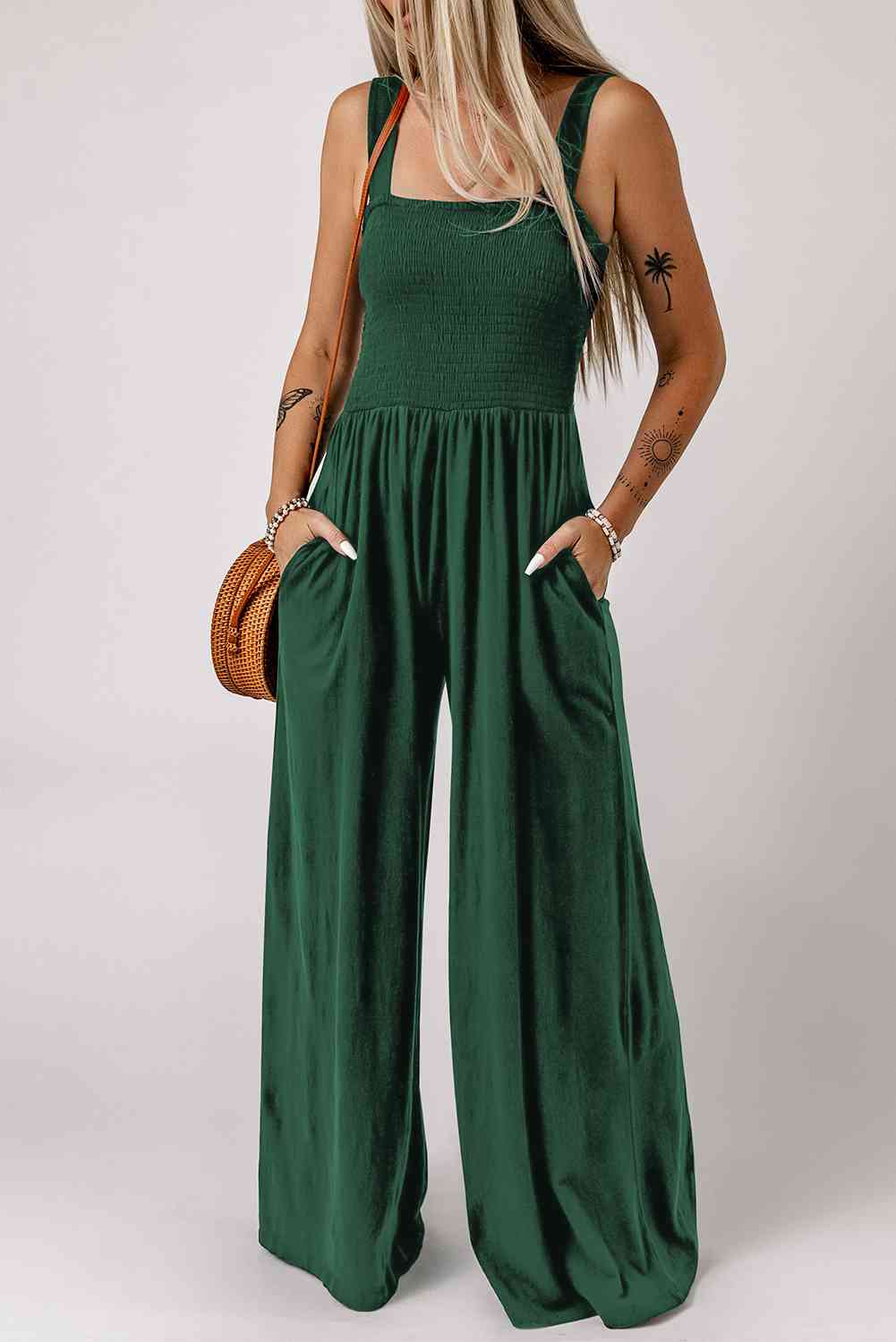 Smocked Square Neck Wide Leg Jumpsuit with Pockets - TRENDMELO