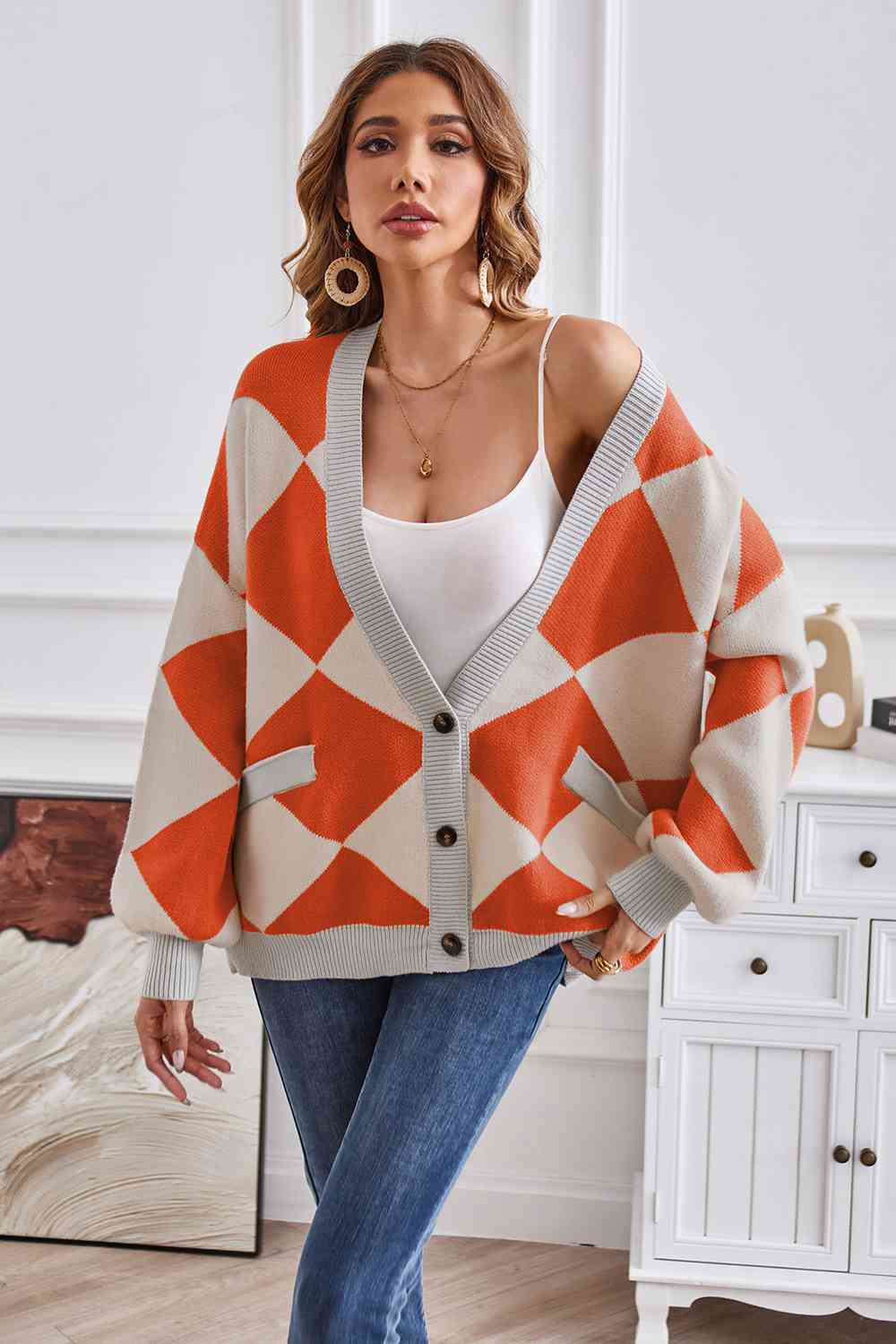 Geometric Lantern Sleeve Cardigan with Pockets - TRENDMELO