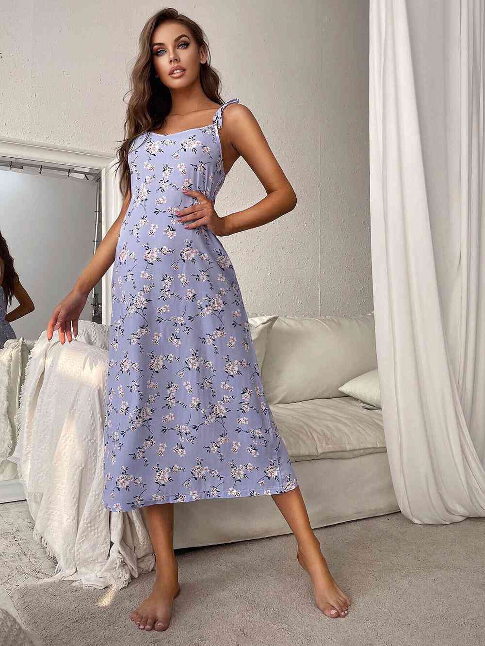 Printed Tie Shoulder Midi Night Dress - TRENDMELO