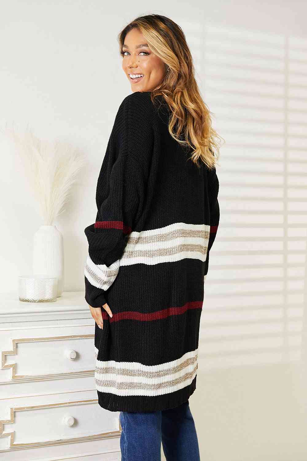 Double Take Striped Rib-Knit Drop Shoulder Open Front Cardigan - TRENDMELO