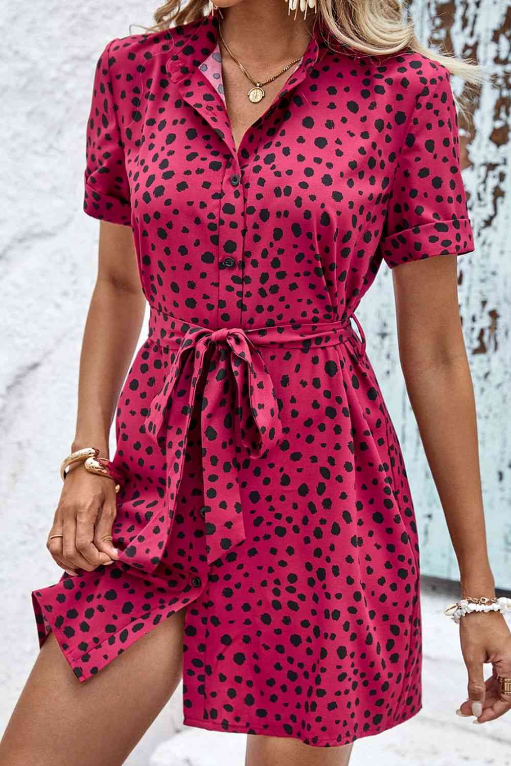 Dotted Short Sleeve Tie Belt Dress - TRENDMELO