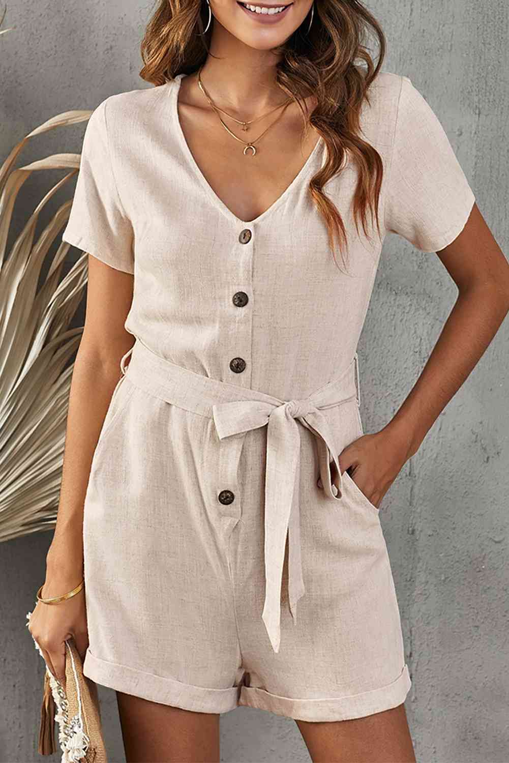 V-Neck Short Sleeve Tie Belt Romper with Pockets - TRENDMELO