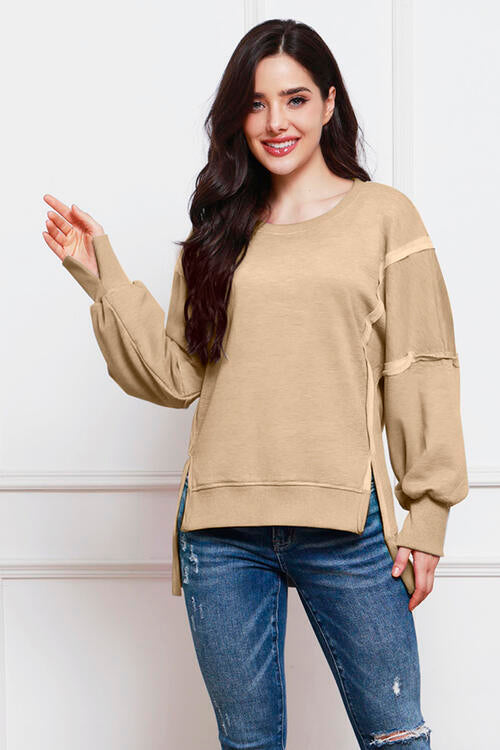 Exposed Seam High-Low Slit Sweatshirt - TRENDMELO