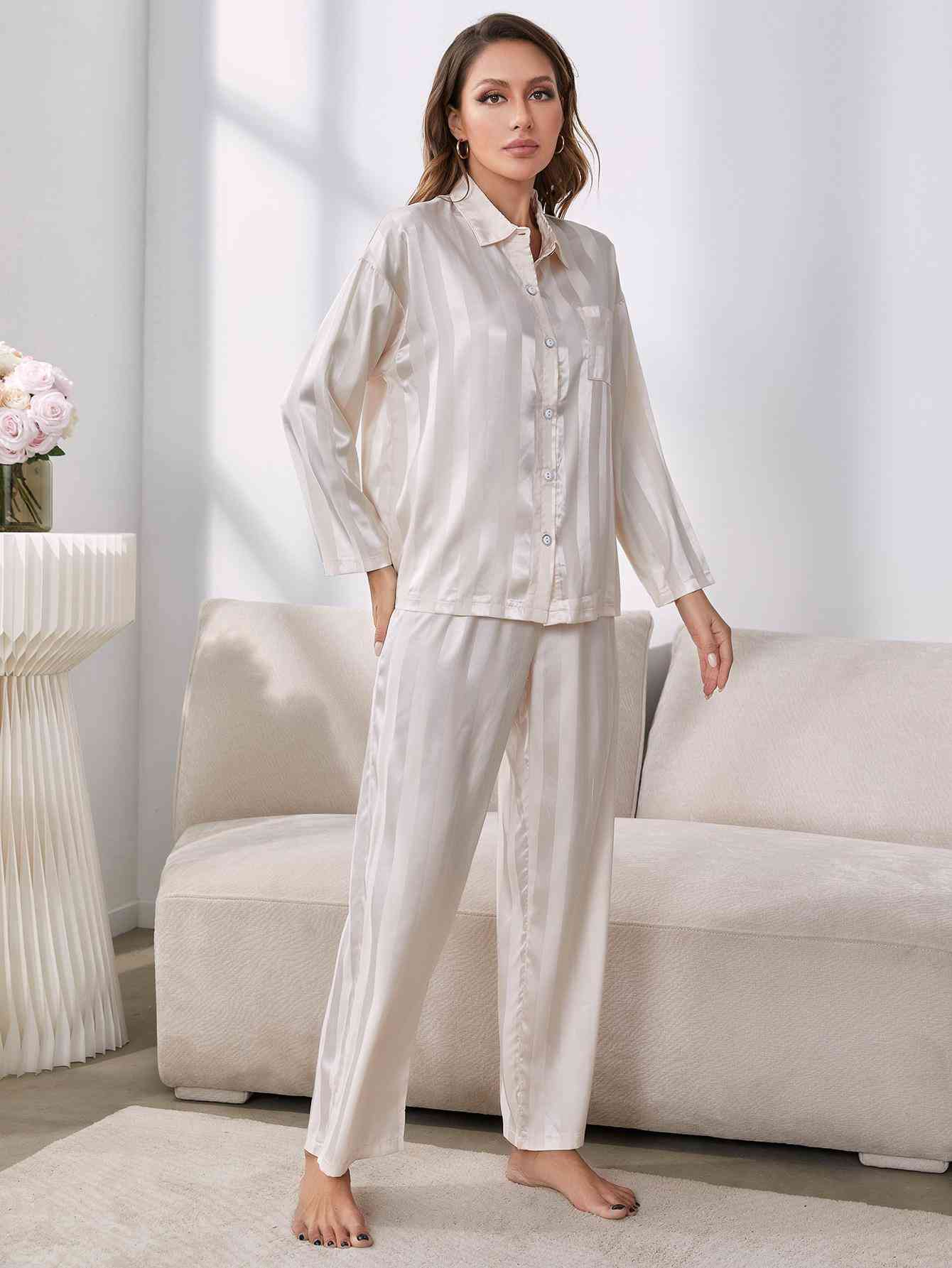 Button-Up Shirt and Pants Pajama Set - TRENDMELO