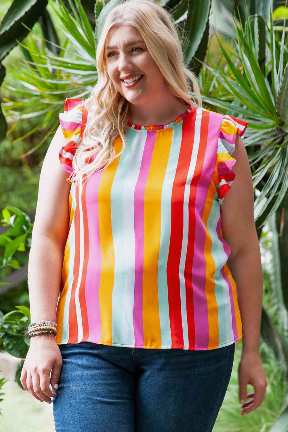 Plus Size Striped Round Neck Ruffled Tank - TRENDMELO