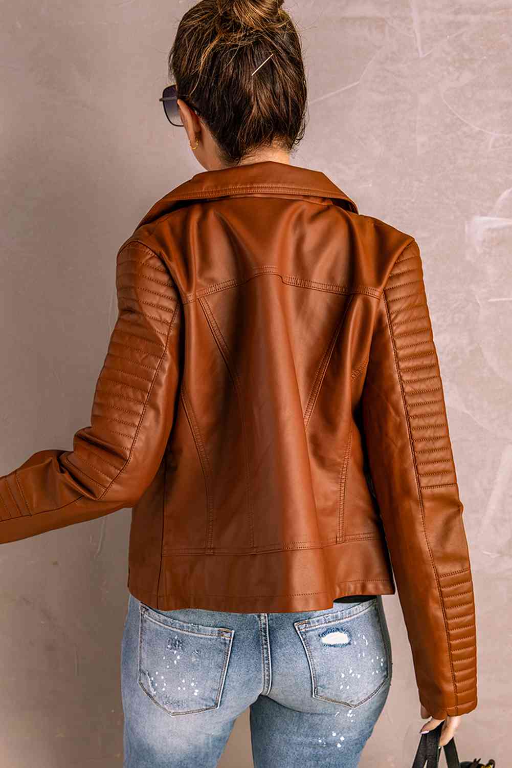 Ribbed Faux Leather Jacket - TRENDMELO