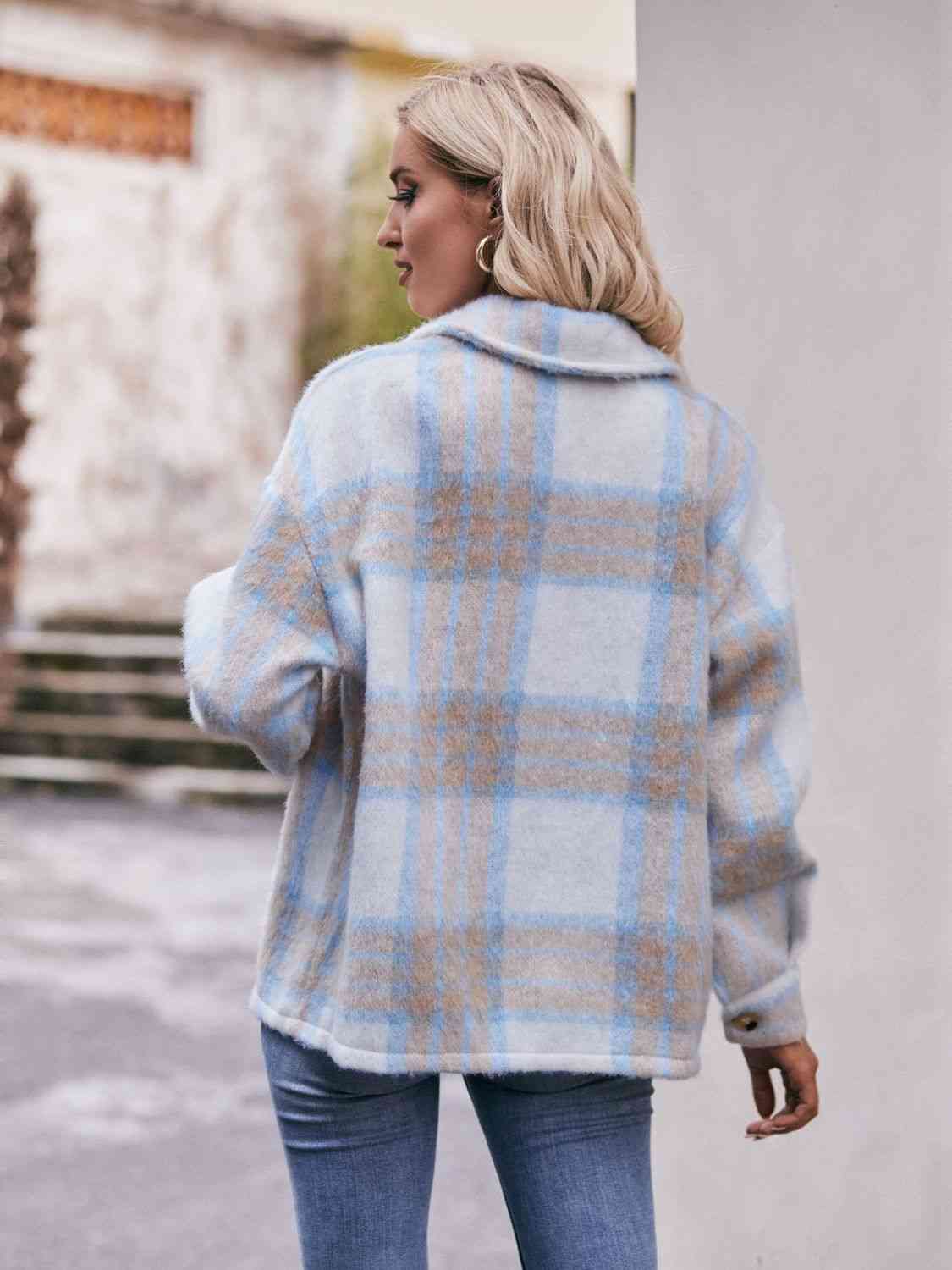 Plaid Dropped Shoulder Collared Jacket - TRENDMELO