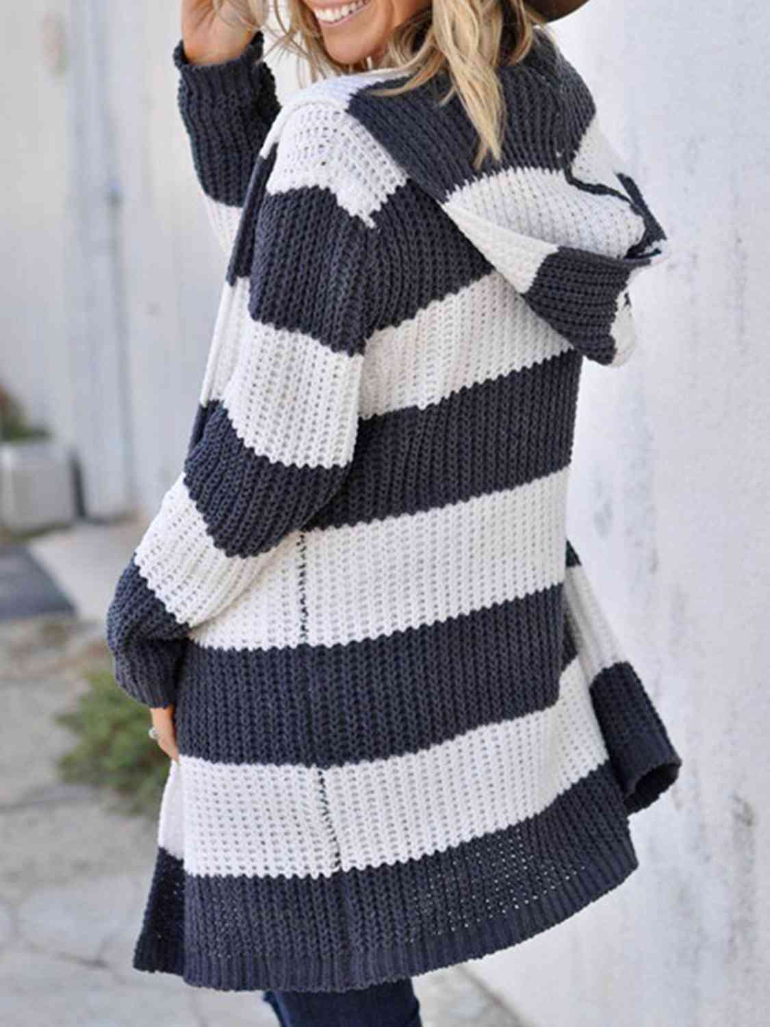 Striped Open Front Hooded Cardigan - TRENDMELO