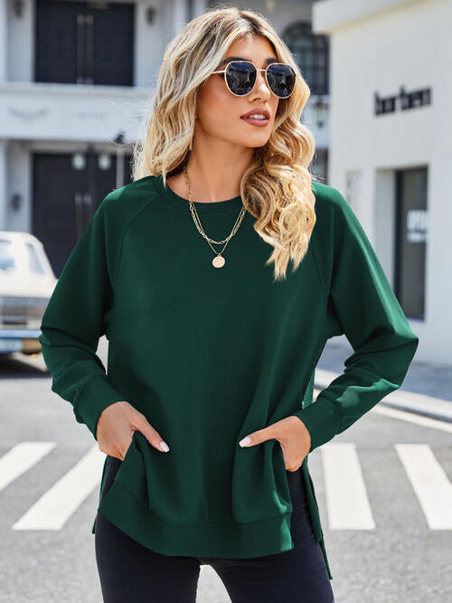 Zip Detail Round Neck Long Sleeve Sweatshirt - TRENDMELO