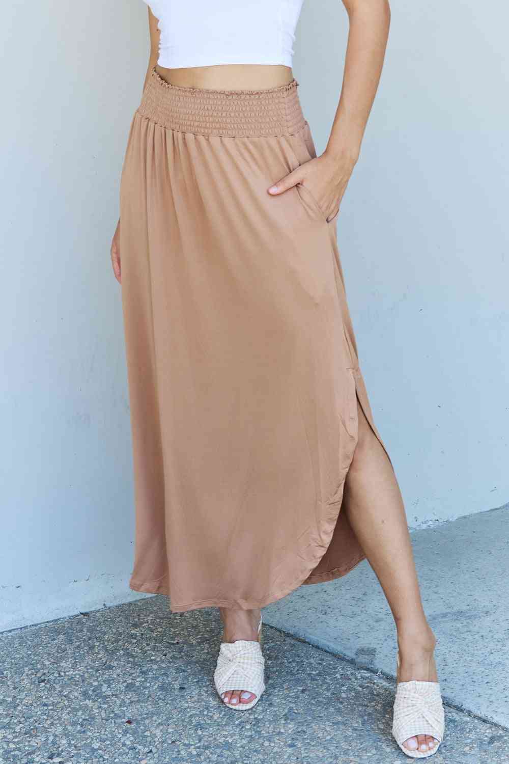 Doublju Comfort Princess Full Size High Waist Scoop Hem Maxi Skirt in Tan - TRENDMELO