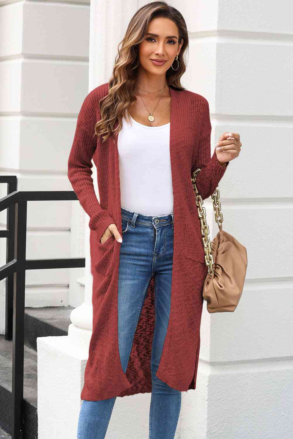 Open Front Slit Cardigan with Pockets - TRENDMELO