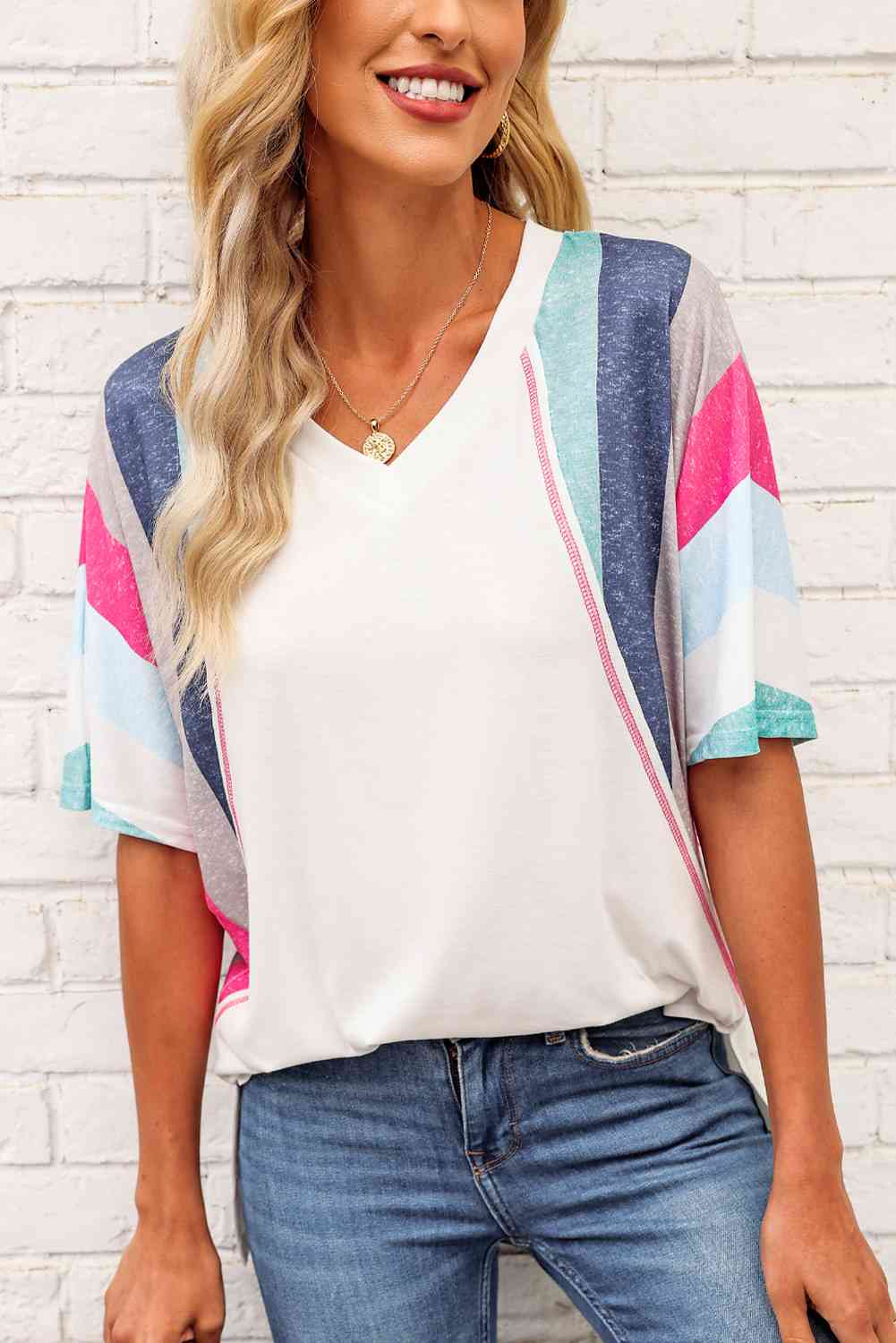 Rainbow Stripe Slit V-Neck Tee - TRENDMELO