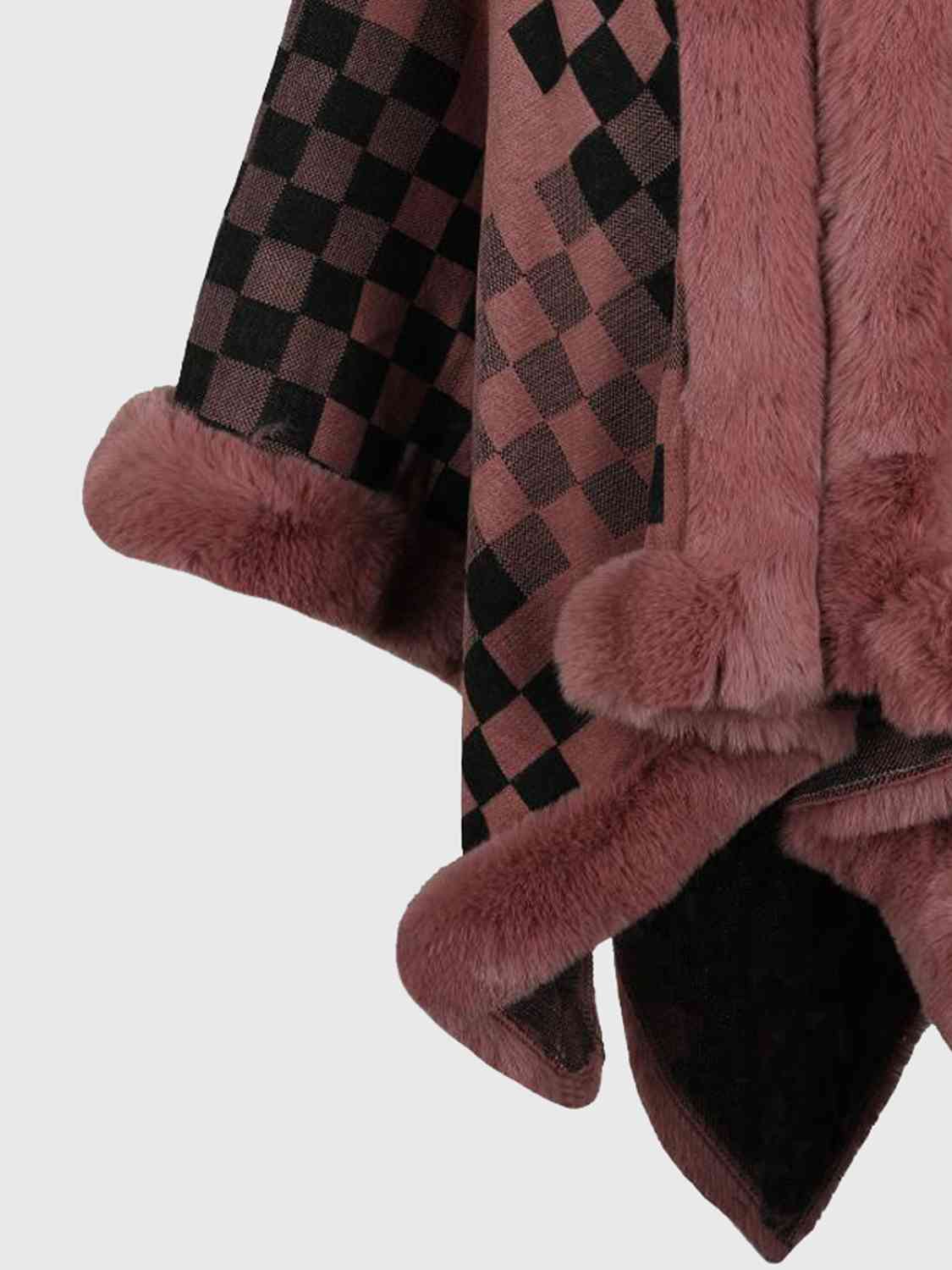 Checkered Faux Fur Trim Poncho - TRENDMELO