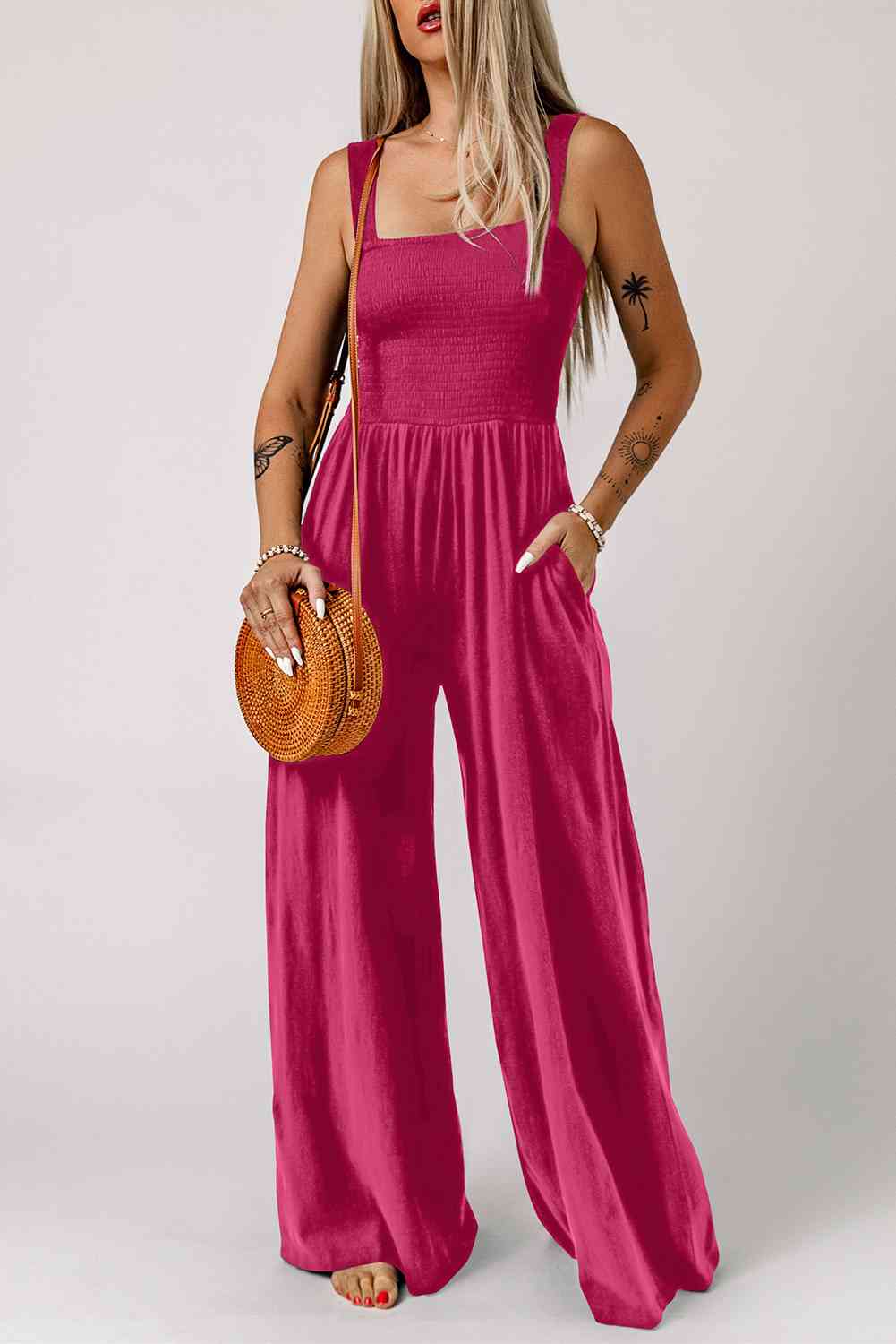 Smocked Square Neck Wide Leg Jumpsuit with Pockets - TRENDMELO