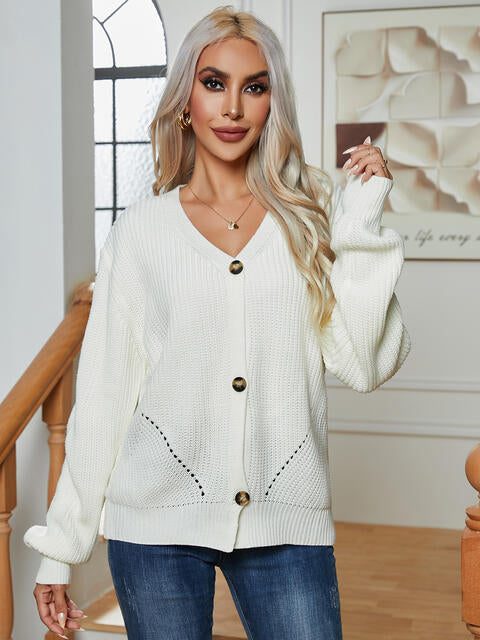 Button Up V-Neck Long Sleeve Cardigan - TRENDMELO