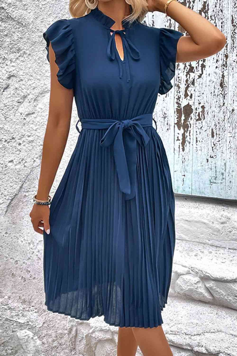 Tie Neck Belted Pleated Dress - TRENDMELO