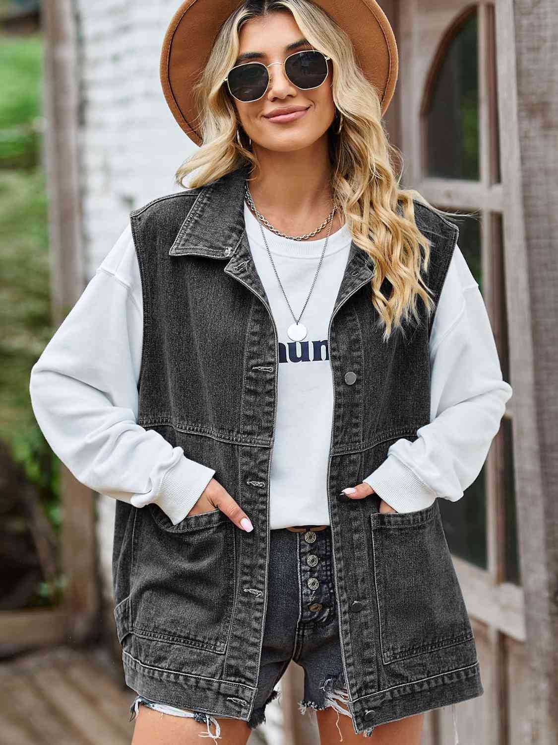 Button Front Sleeveless Denim Jacket - TRENDMELO